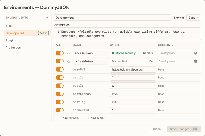 Probe environment manager showing Development extending Base, with inherited variables and securely stored secrets