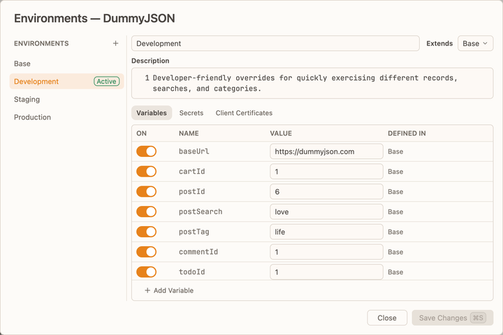 Probe environment manager showing Development extending Base, with inherited variables and securely stored secrets