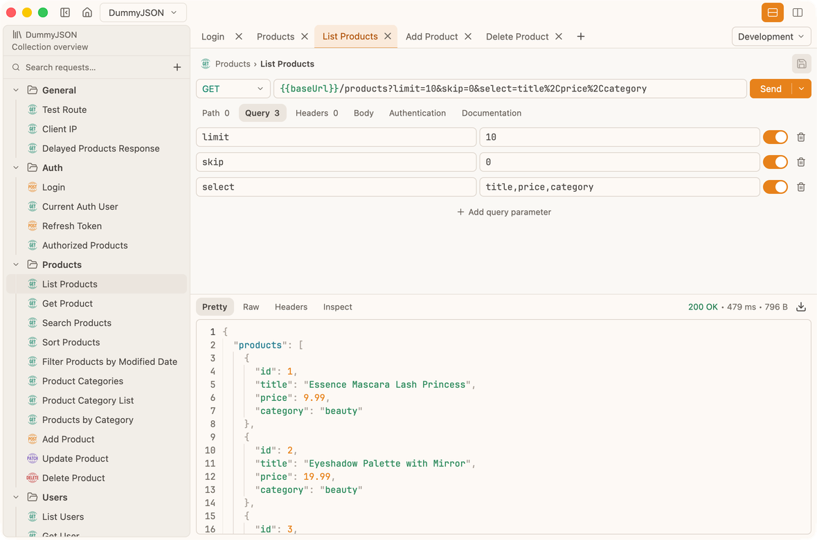 Probe desktop app in light mode, editing an API request and viewing its JSON response