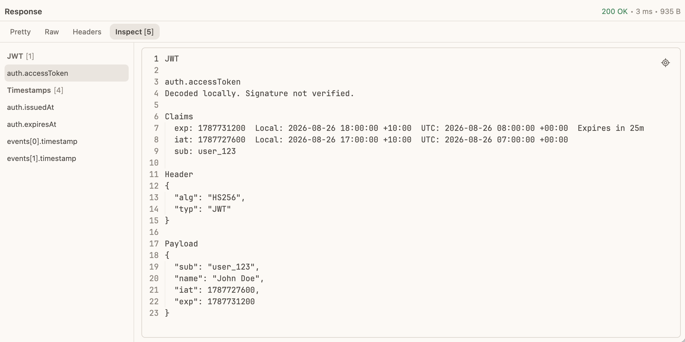 Probe Inspect tab decoding a JWT and listing detected response timestamps