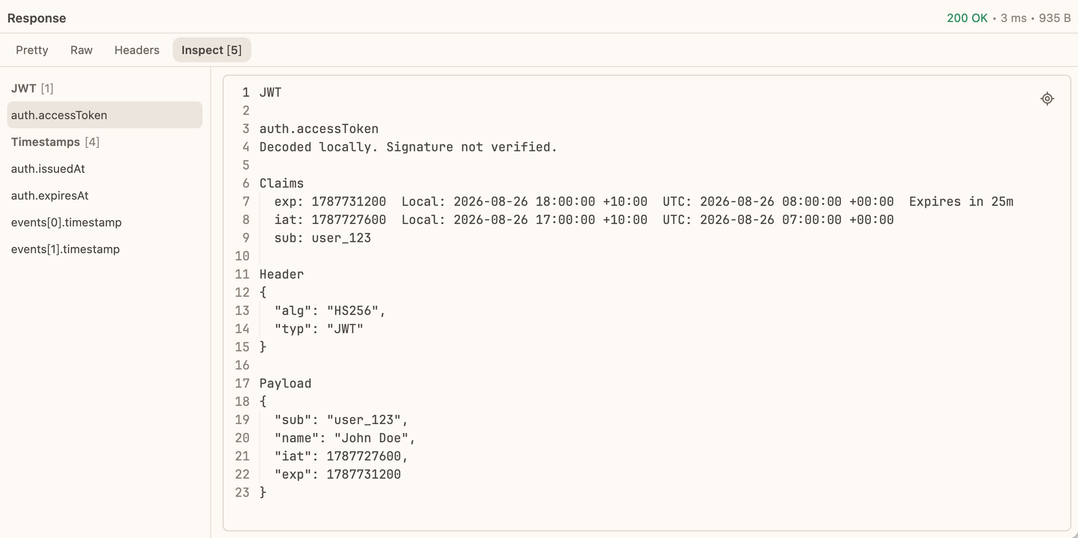 Probe Inspect tab decoding a JWT and listing detected response timestamps